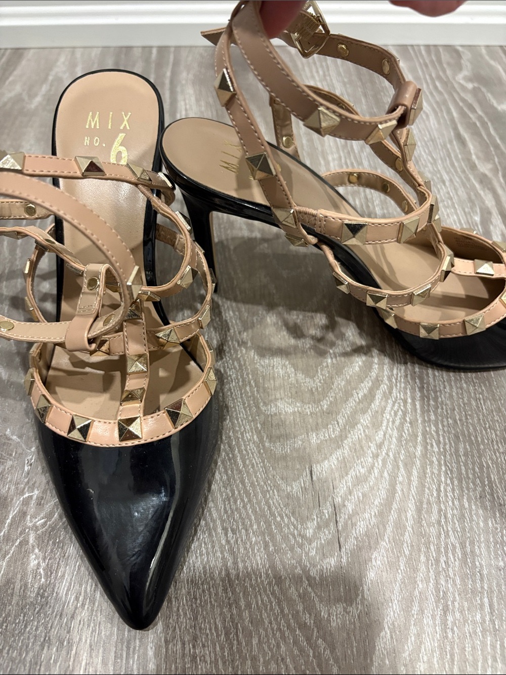 Mix No. 6 Black Patent Pointed Heels with Nude Studded Straps